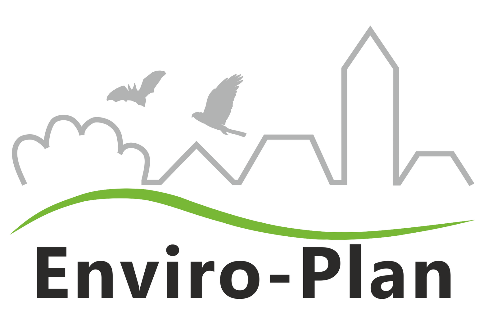 Gezeichnetes Gebäude mit Bäumen, Vögeln und dem Firmenname Enviro-Plan